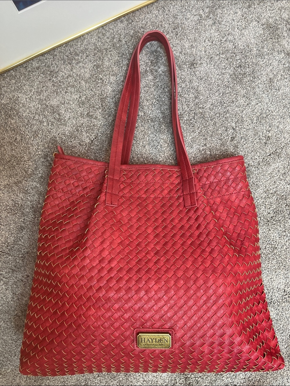 Red Woven Tote Bag Zip Top Spacious Gold Accent Hayden Plaque